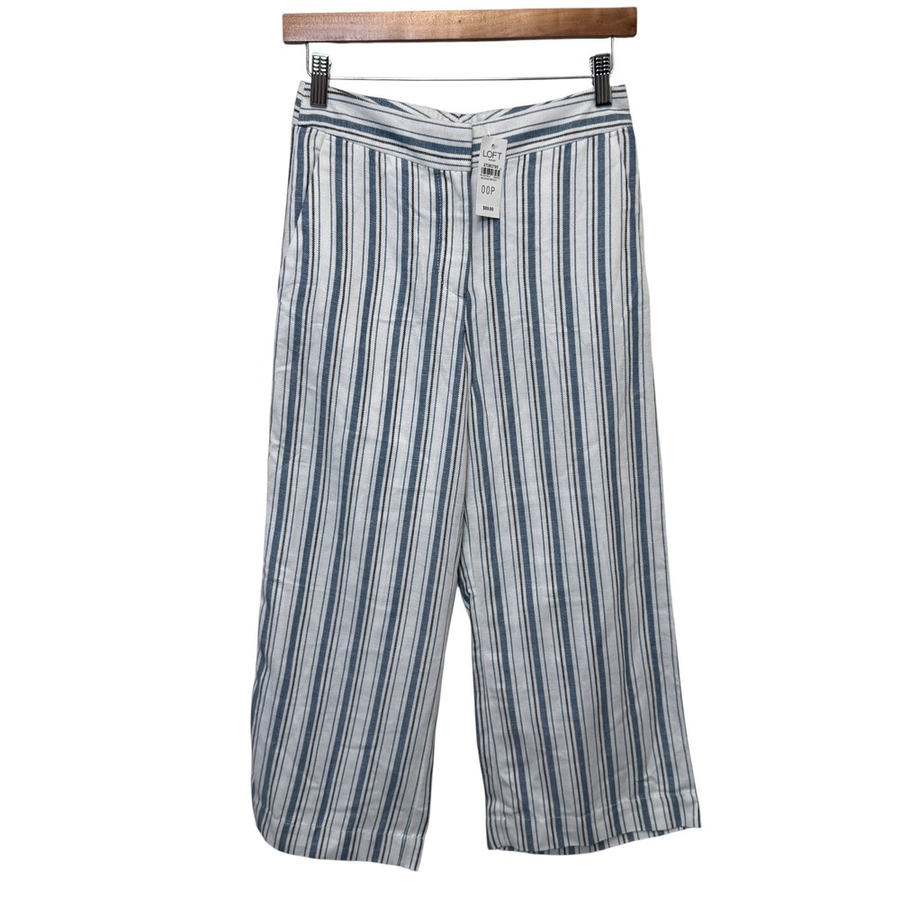 Loft Womens Pants 00P Blue White Striped Linen Blend Wide Leg Coastal Nautical
